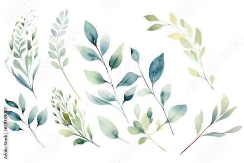 Watercolor colorful set of Tropical spring floral pastel leaves and flowers elements isolated on transparent background  bouquets greeting or wedding card decoration.