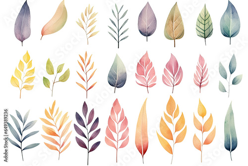 Watercolor colorful set of Tropical spring floral pastel leaves and flowers elements isolated on transparent background, bouquets greeting or wedding card decoration.