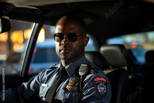 Portrait of african police officer patrolling streets of city in official police car © sofiko14