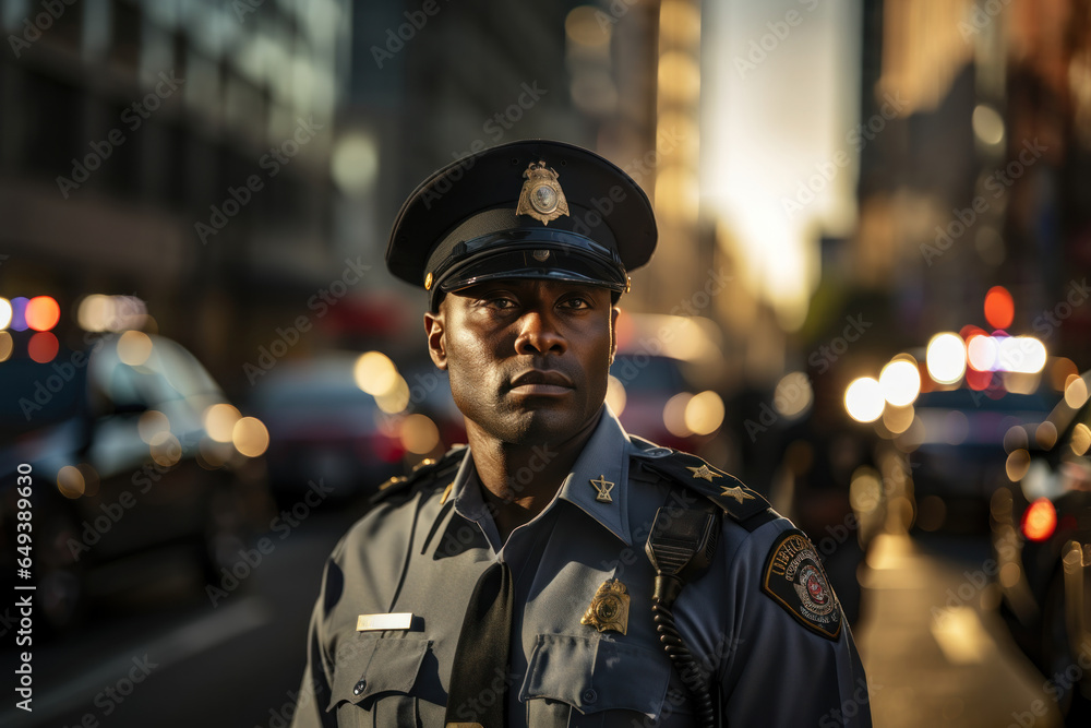African american police officer patrols the streets of the city African american police officer patrols the streets of the city