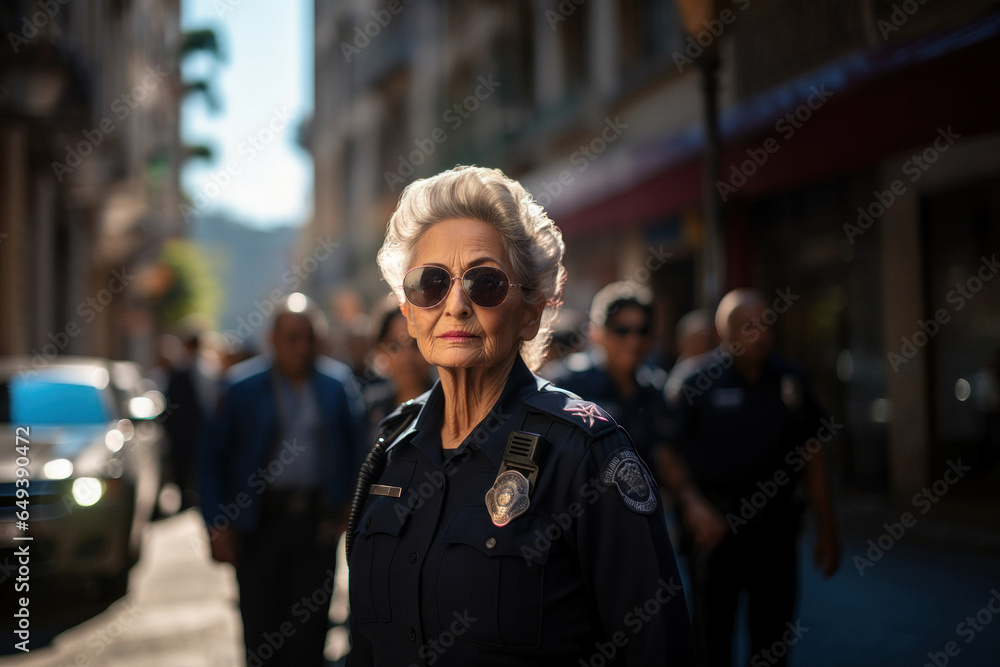 Senior caucasian female police officer patrols the streets of the city