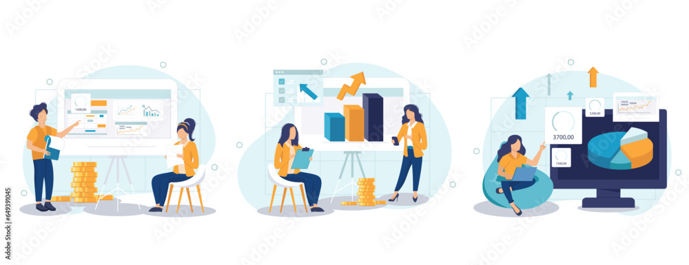 Naklejka premium Business process concept isolated person situations. Collection of scenes with people colleagues analyze data, create success strategy, collaborate. Vector illustration in flat design 
