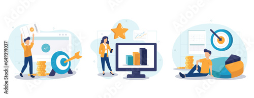 Business goals illustration set. Characters setting task, goal and target to achieve, planning action and way to success. Personal development and self motivation concept. Vector illustration.	
