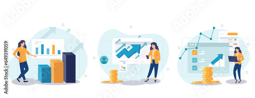 Business growth collection of scenes isolated. People analyze financial data, successful strategy, set in flat design. Vector illustration for blogging, website, mobile app, promotional materials 