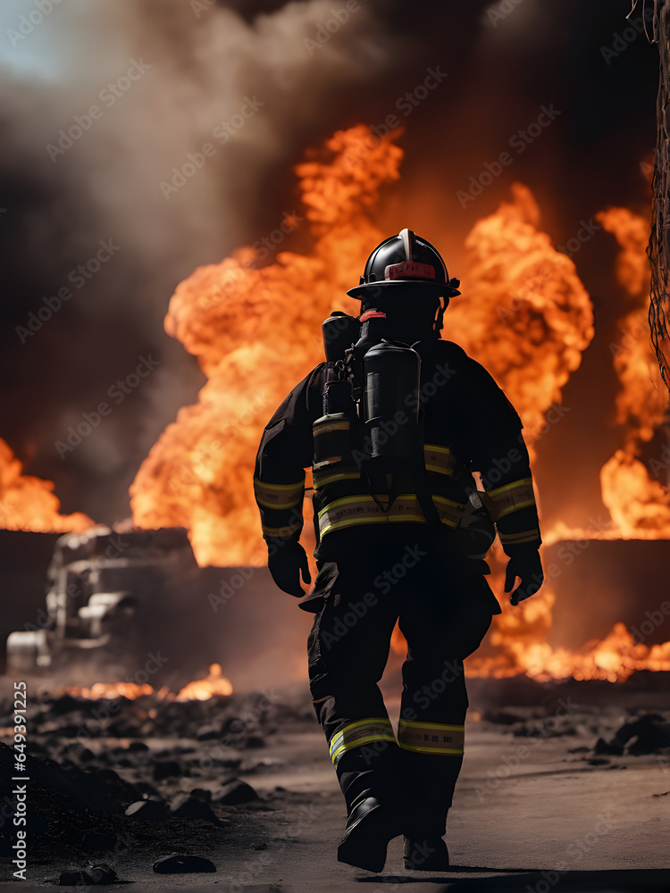 A dramatic silhouette of an American firefighter in full gear exploring a huge fire zone. Firefighter at a fire. generative AI
