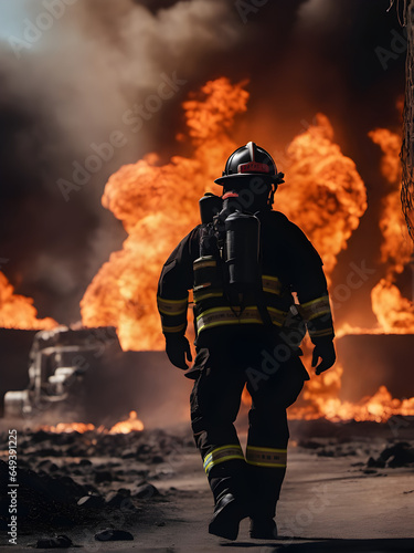 A dramatic silhouette of an American firefighter in full gear exploring a huge fire zone. Firefighter at a fire. generative AI