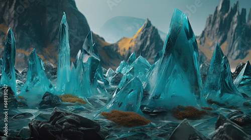 Science fiction landscape with glass mountains. Alien planet with melted glass rocks.