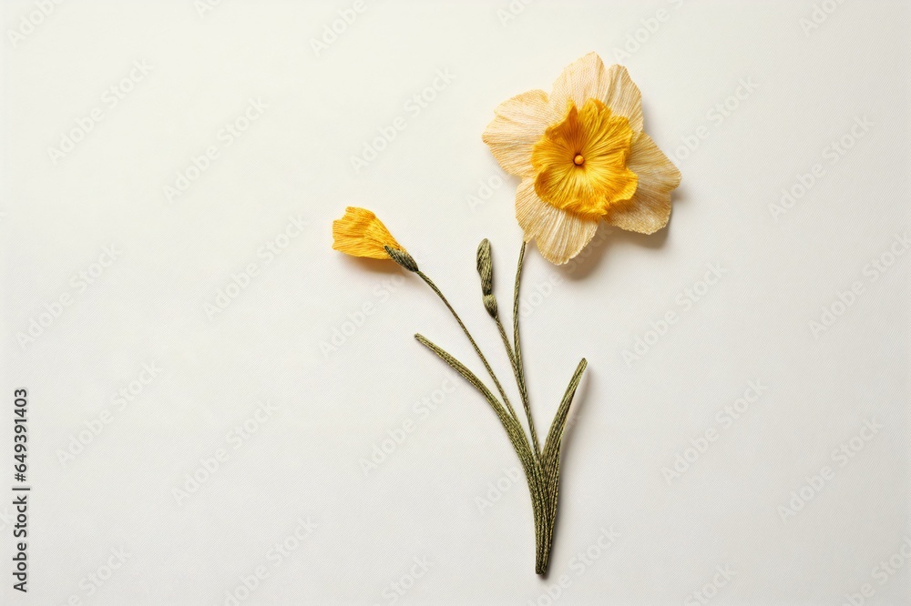 Handcrafted Narcissus Embroidery on White Canvas, Generative AI Handcrafted Narcissus Embroidery on White Canvas, Generative AI