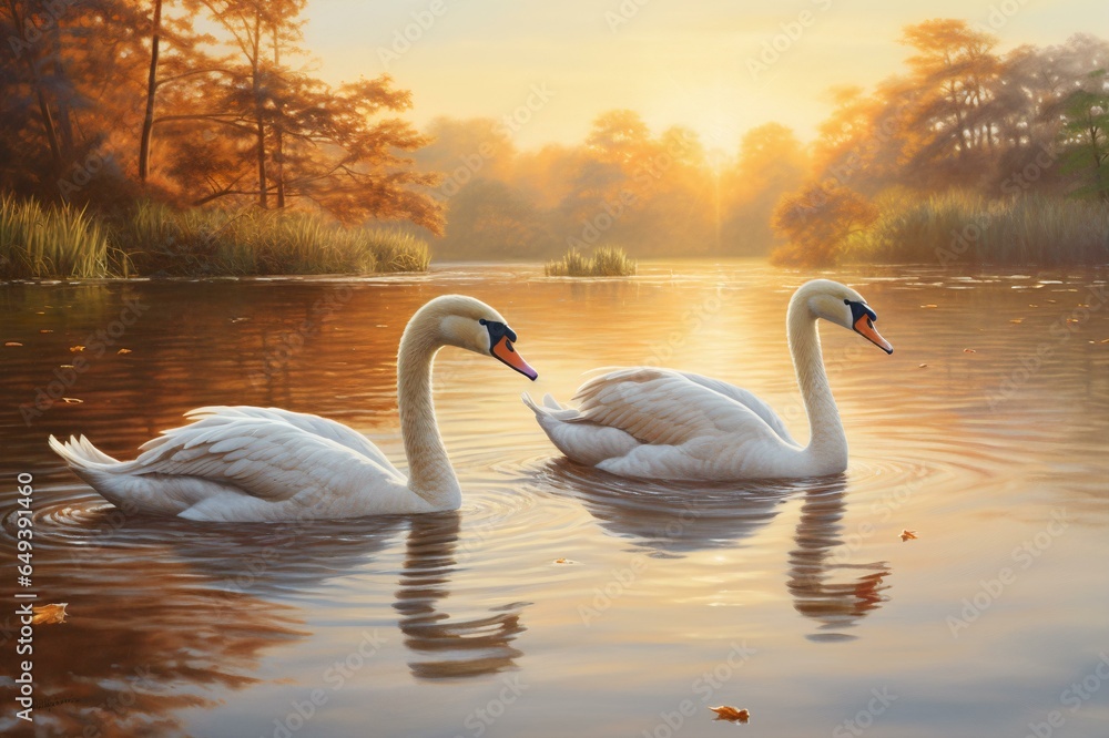 Fototapeta premium Autumn Serenity: Swans on a Lake at Sunset, Generative AI