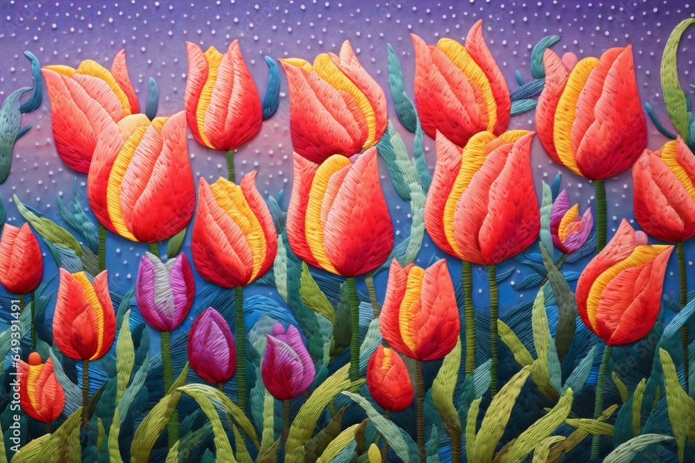 Handmade Vibrant Tulip Garden with Embroidery Elements, Generati