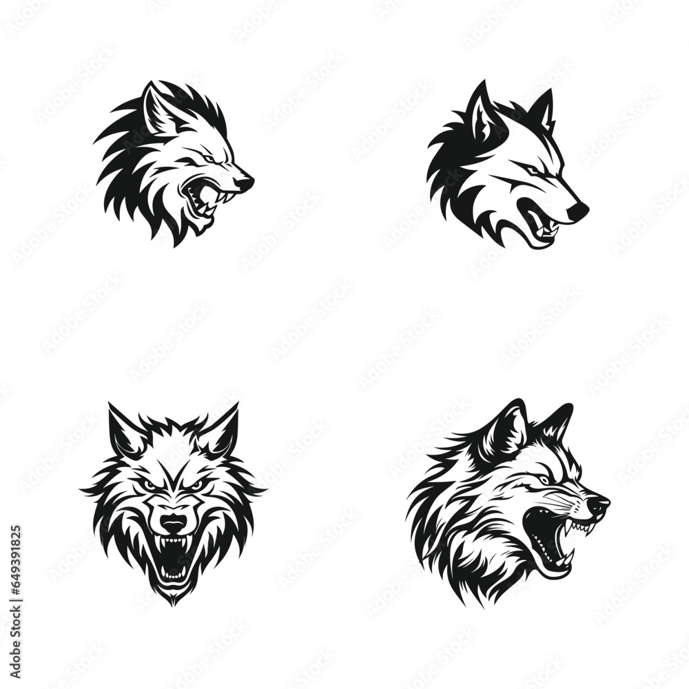 Fototapeta premium Aggressive and Danger Wolf logo icon set Modern black wolf logo collection