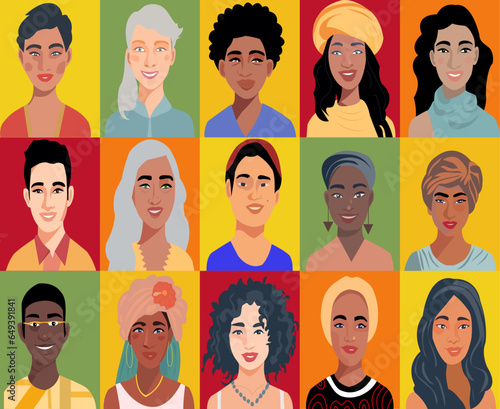 Retrato de medio cuerpo de personas de diferentes razas. Vector de personas diferentes con colores llamativos. Set iconos de personas.