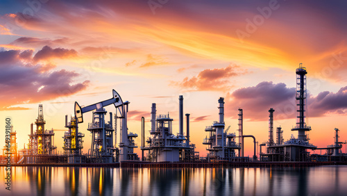 oil refinery at sunset