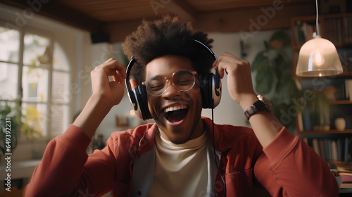 Happy funny gen z hipster African American teen guy wearing headphones dancing at home, listening music on mobile phone, having fun feeling funky moving in living room, authentic shot
