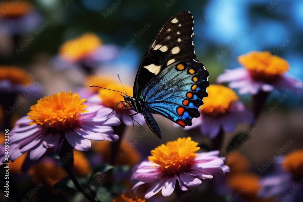 A butterfly perched delicately on top of a vibrant purple flower. This image captures the beauty of nature and the intricate details of the butterfly. Perfect for use in nature-themed designs or as a 