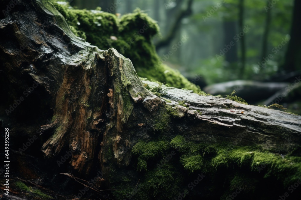 A moss covered tree trunk in a serene forest. Perfect for nature-themed designs and environmental concepts. A moss covered tree trunk in a serene forest. Perfect for nature-themed designs and environmental concepts.