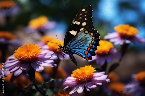 A butterfly perched delicately on top of a vibrant purple flower. This image captures the beauty of nature and the intricate details of the butterfly. Perfect for use in nature-themed designs or as a  © Fotograf