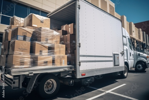 "Truck with Boxes", "A picture of a truck with a large number of boxes loaded in the back. This image can be used to represent transportation, logistics, delivery, moving, or storage. © Fotograf