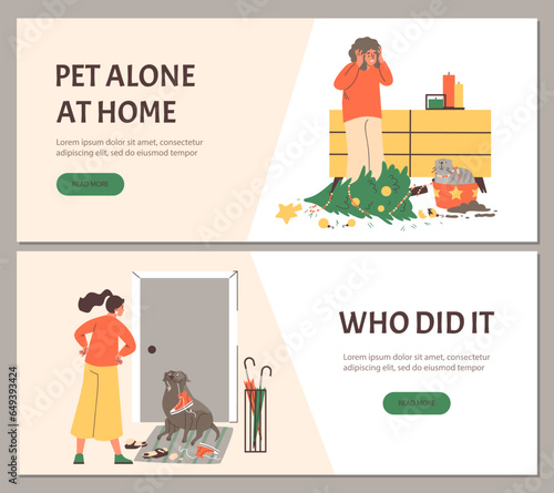 Banner or flyer set with pets staying alone at home flat vector illustration.