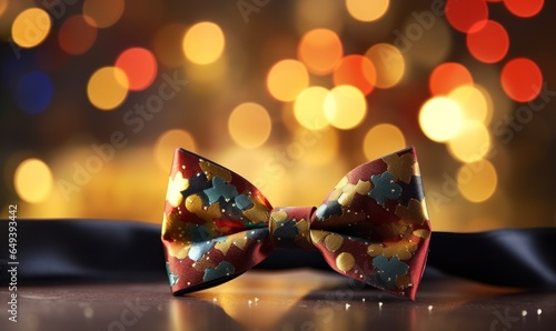 Stylish bow tie  close-up on a festive blurred background. Wedding  other event backdrop. Generative AI.