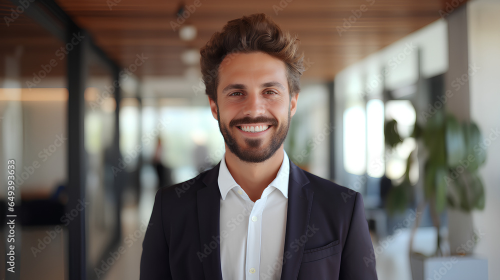 Happy young Latin business man looking at camera in office, headshot portrait. Smiling bearded businessman, male entrepreneur, professional employee looking at camera standing at work