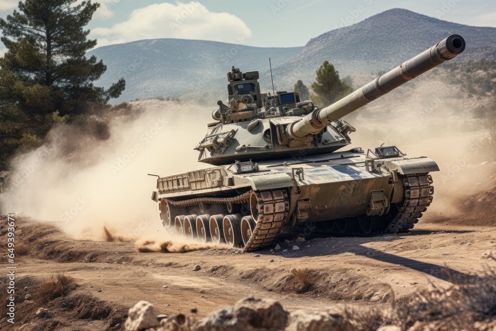 A tank is pictured driving down a dirt road. This image can be used to depict military operations, armored vehicles, or transportation in rugged terrain. A tank is pictured driving down a dirt road. This image can be used to depict military operations, armored vehicles, or transportation in rugged terrain.