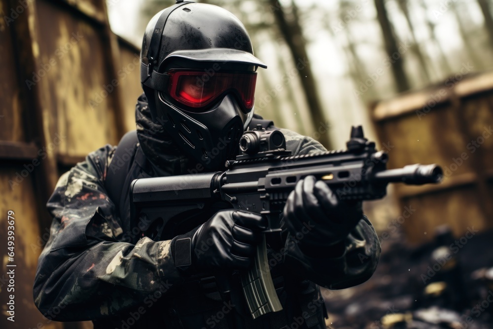 A man wearing a gas mask holds a rifle. This image can be used to depict post-apocalyptic scenarios or as a symbol of protection and defense.