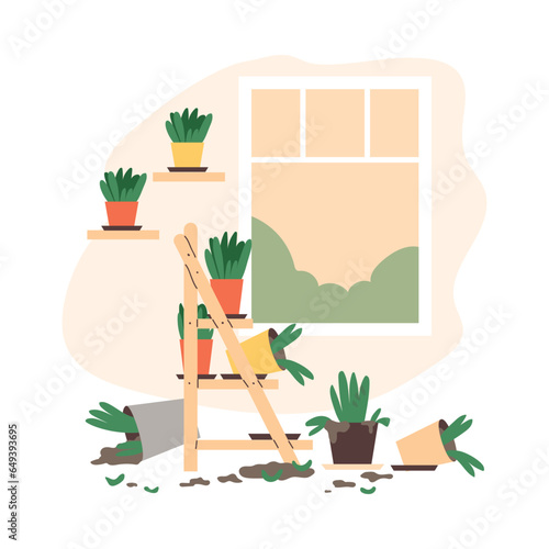 Dirty messy room with broken flower pots, flat vector illustration isolated.