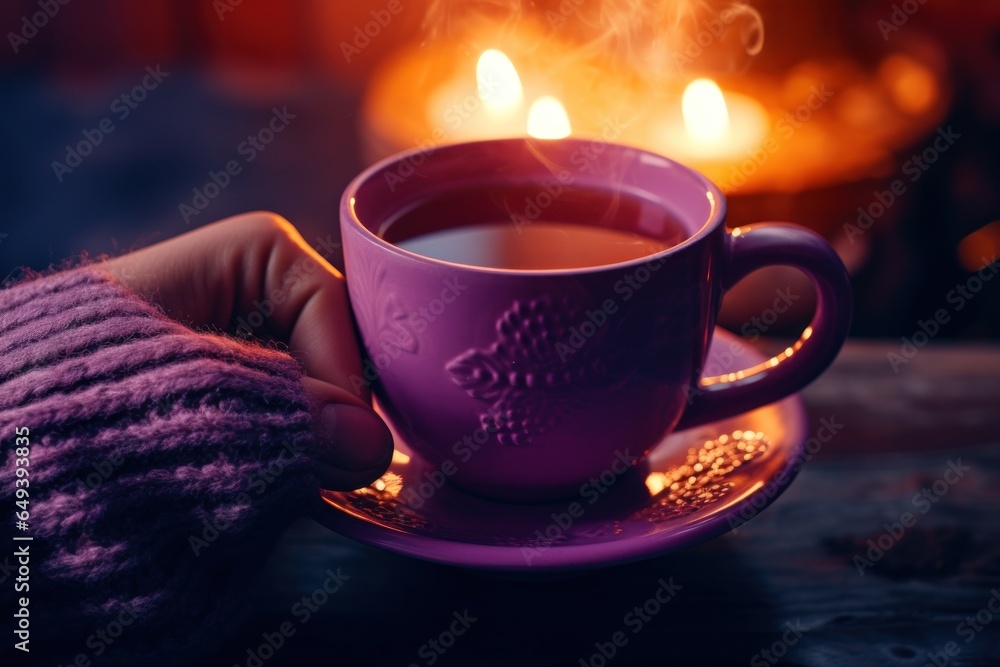 A person is seen holding a cup of coffee in front of a warm and cozy fire. This image can be used to depict relaxation, comfort, and enjoying a hot beverage on a cold day. A person is seen holding a cup of coffee in front of a warm and cozy fire. This image can be used to depict relaxation, comfort, and enjoying a hot beverage on a cold day.