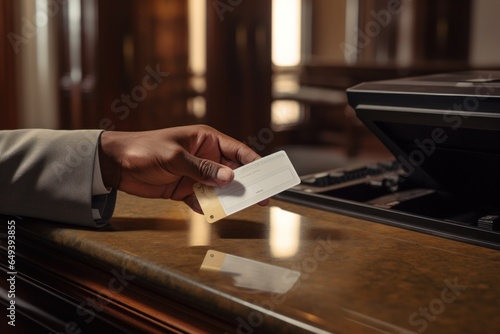 A person is seen holding a business card at a counter. This image can be used to represent networking, business communication, or professional interactions.