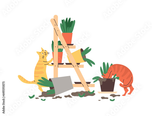 Cats left unattended make a mess, flat cartoon vector illustration isolated.