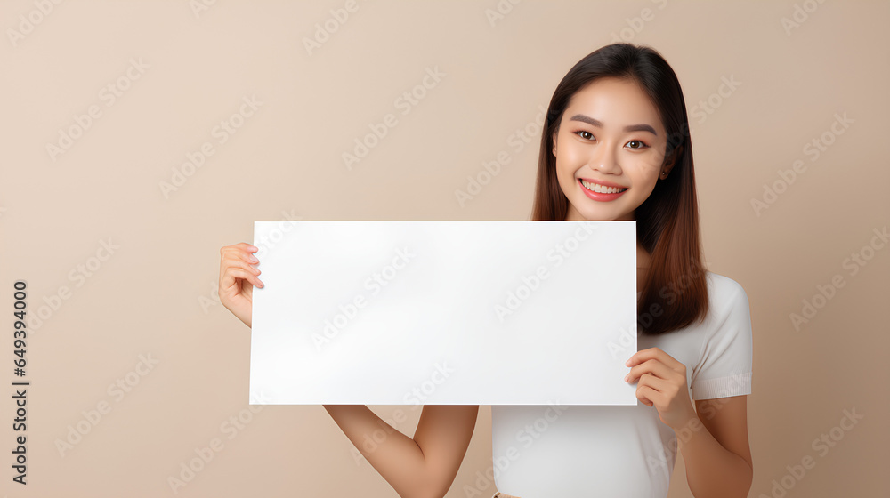Happy young woman holding blank white banner sign, Beautiful african american girl showing white board over beige wall background Happy young woman holding blank white banner sign, Beautiful african american girl showing white board over beige wall background