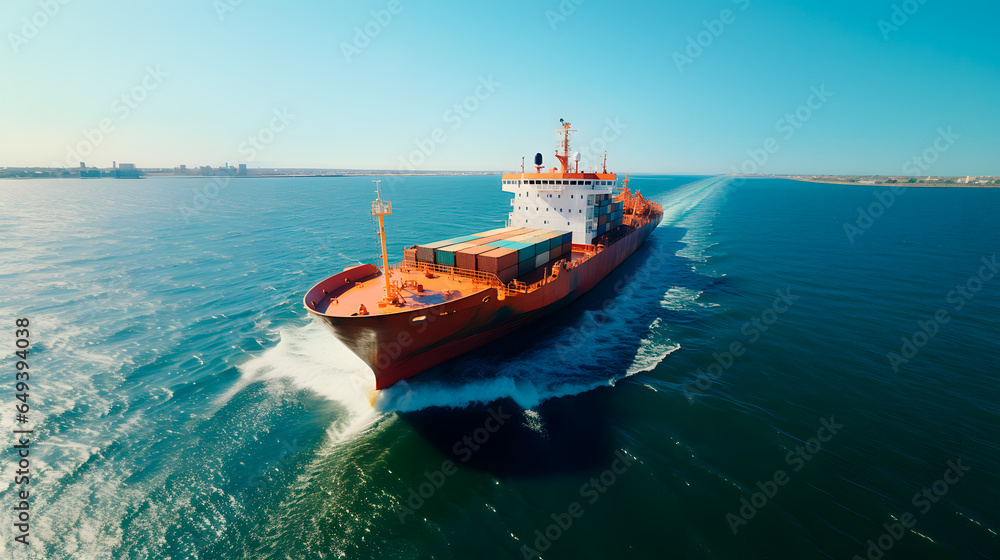 A cargo ship transporting containers sails across the blue ocean, Generative AI A cargo ship transporting containers sails across the blue ocean, Generative AI