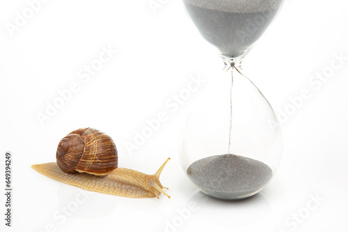 Konstfotografi Snail and hourglass on a white background