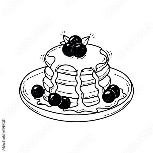 Vector black and white illustration of pancakes with mint leaf and berries on plate. Doodle drawing isolated on white background