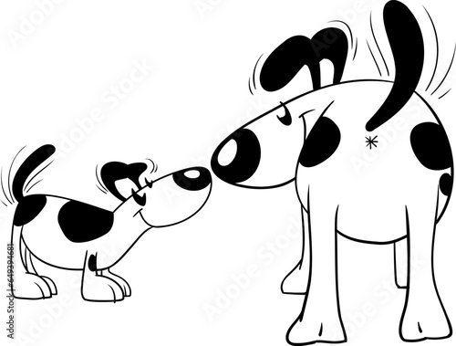 Vector of cute black and white dog and his puppy sniffing each other and wagging their tail with a big smile side view very cute and happy