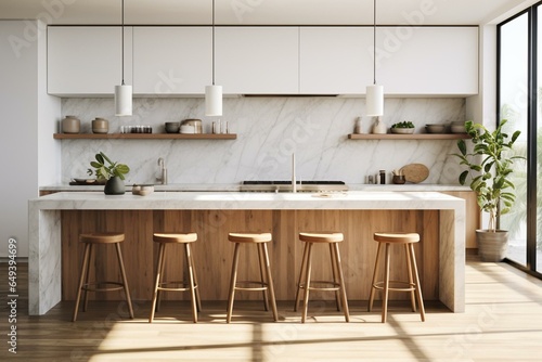 Modern kitchen with marble counter, wooden stools, white pantry, and sleek furniture. Generative AI