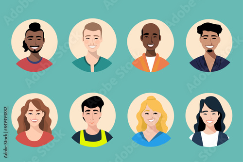 Retrato de personas trabajadoras de diferentes razas con un circulo claro detrás de la cabeza, set de retratos de personas,  vectores de personas de diferentes razas y colores. photo