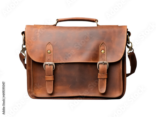 Vintage brown leather bag isolated on transparent or white background, png