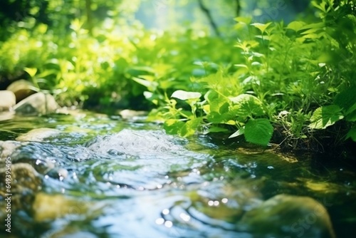 Close up stream with fresh water and green plants. Springtime concept. Abstract wild nature background. Generative AI