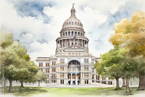 Watercolor sketch of Austin's Texas State Capitol Building. Generative AI