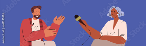 Journalist interviewing famous person, flat vector illustration isolated on blue background.