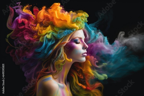 Portrait of a girl in profile with waves of multicolored hair smoke on a black background