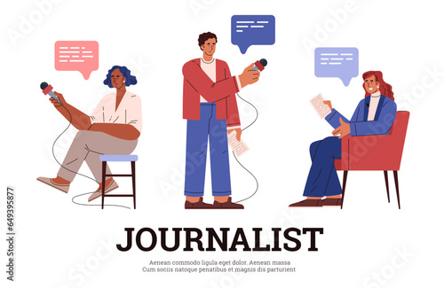 Journalist profession poster with text, flat vector illustration isolated on white background.