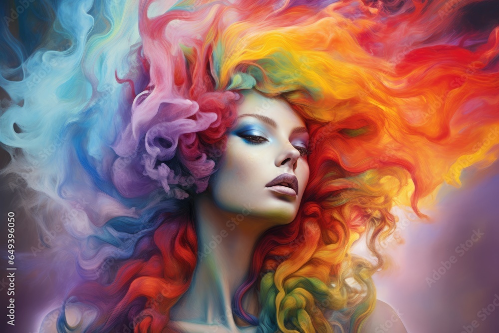 Girl with waves of multi-colored smoke instead of hair