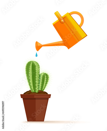 A cactus cactus in a flower pot is watered from a plastic watering can. Cactus with watering can and water drops. Vector illustration isolated on white