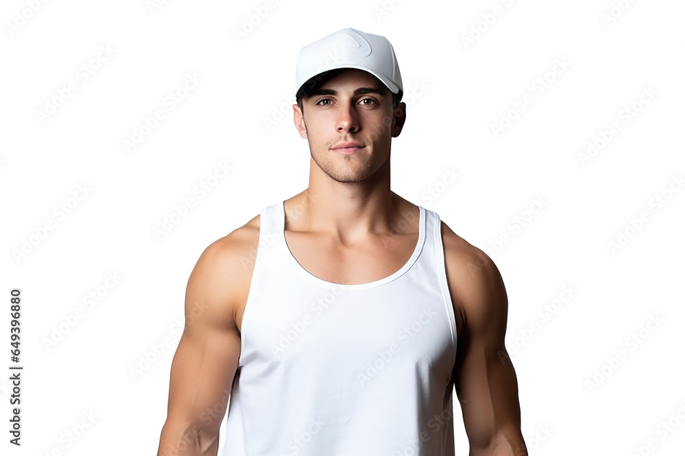 sportsman with strong muscular arms in white tank top and cap, png isolated on white transparent background sportsman with strong muscular arms in white tank top and cap, png isolated on white transparent background