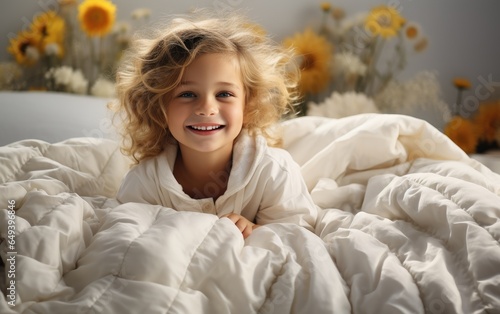Wallpaper Mural A cute child wrapped in a white blanket, playing on the bed. Generative AI Torontodigital.ca