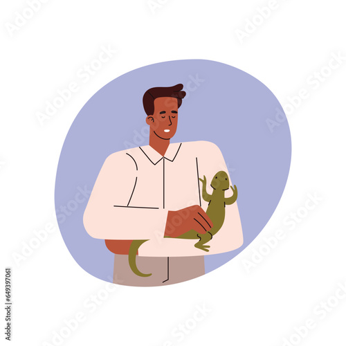 Man is looking on green guana, cartoon chameleon lizard crawls along the owner's hand, vector pet reptile exotic animal