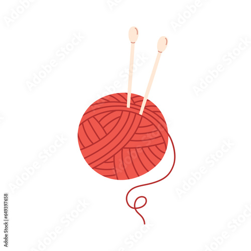 Ball of wool yarn with knitting needles. Knitting, needlework, hobbies. Wool threads. Vector illustration in flat style